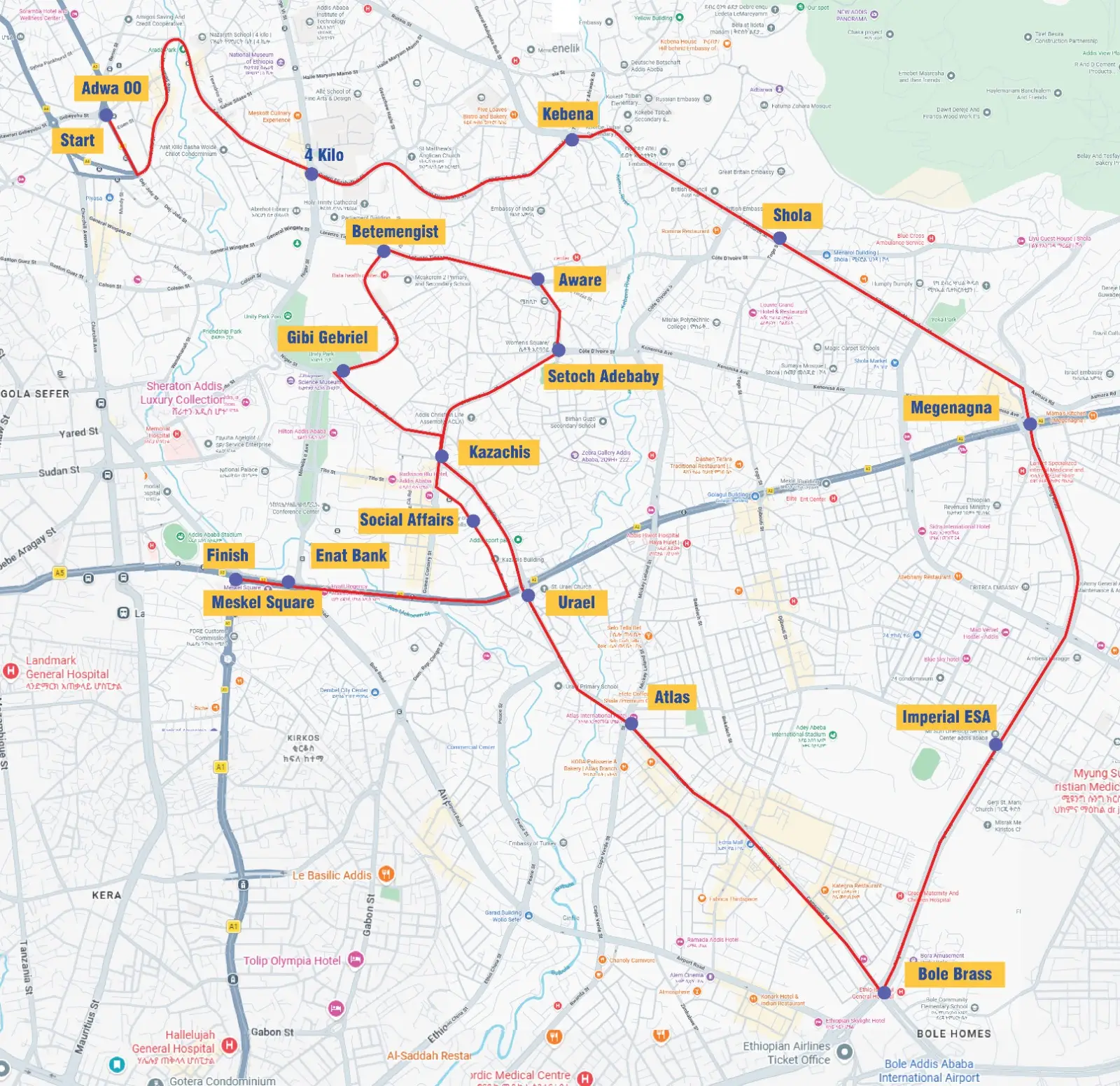 Detailed map of Addis Marathon race route